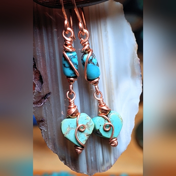 Authentic Turquoise Heart Earrings Copper Wire Wrap Dangle Drop - Picture 7 of 9